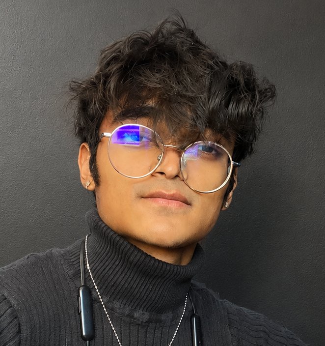 Black and white portrait of Atharva Rajé