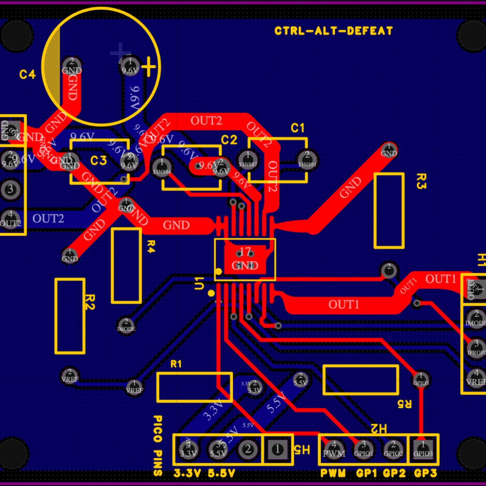 The custom board, CTRL-ALT-DEFEAT: Pico 2 headers, DRV8876 motor drivers, 9.6 V rail.
